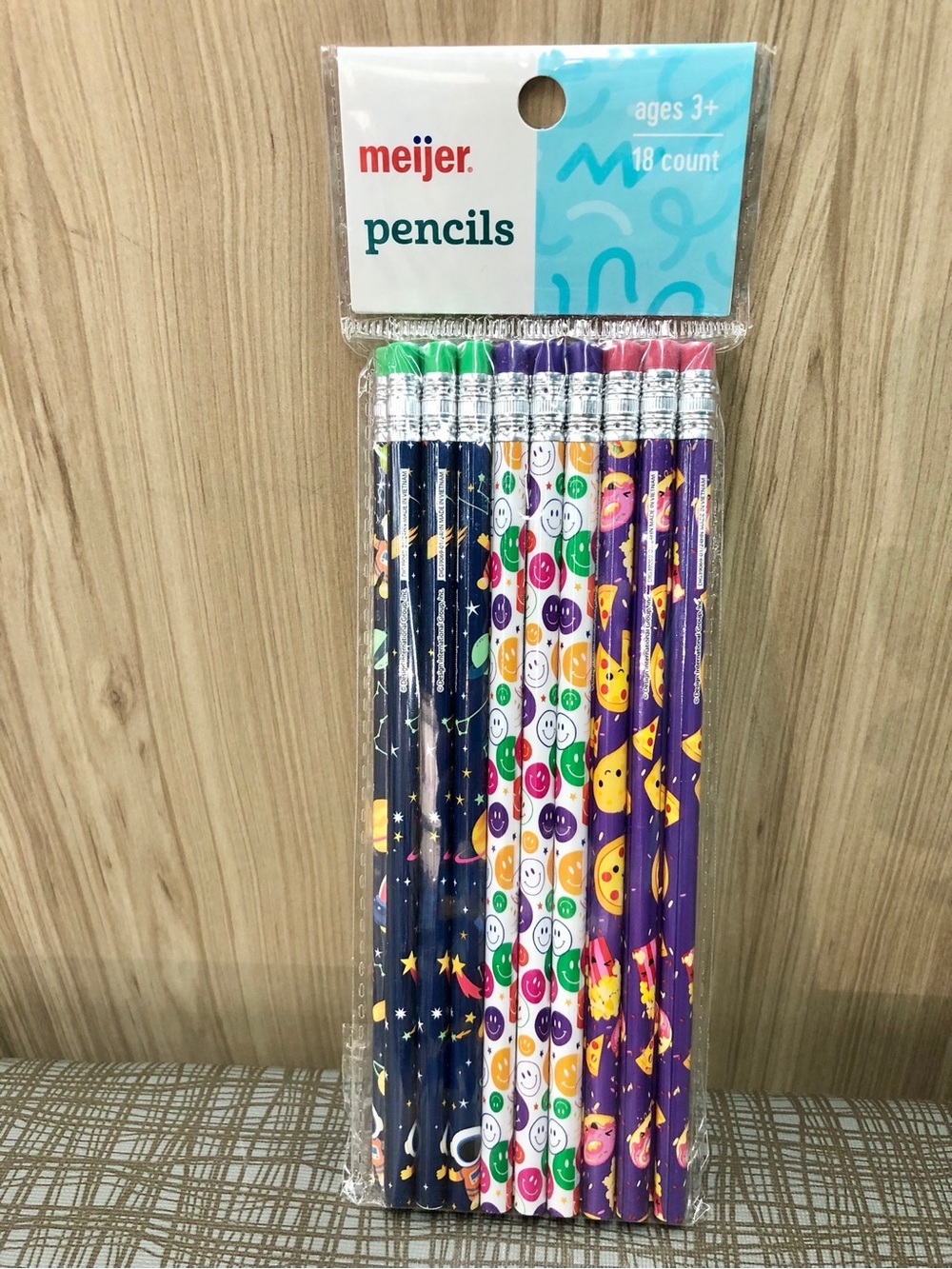 🍭$3🍭 NEW Wood Pencils with Eraser 18ct Space Pizza Smiley Faces Kids Unisex